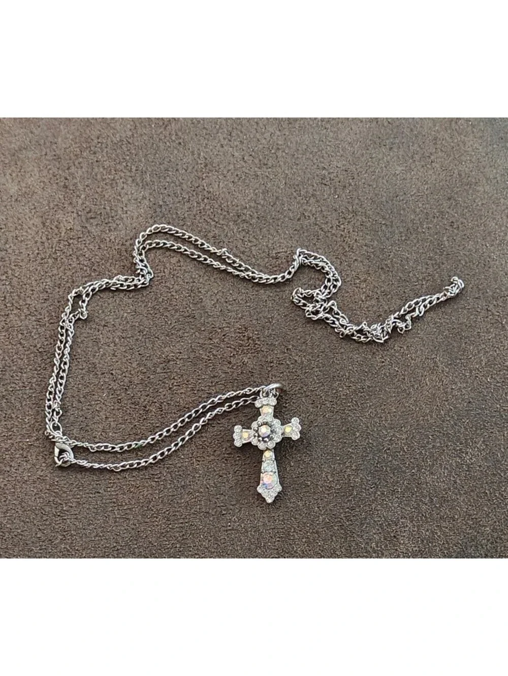 1990s Filigree With Aurora Borealis Rhinestones Silver Tone Cross Necklace
